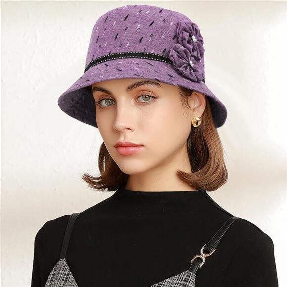 Vintage Felt Cloche Hat Winter Floral Fedora Bucket Hat Bowler Hats - Picture 3 of 7
